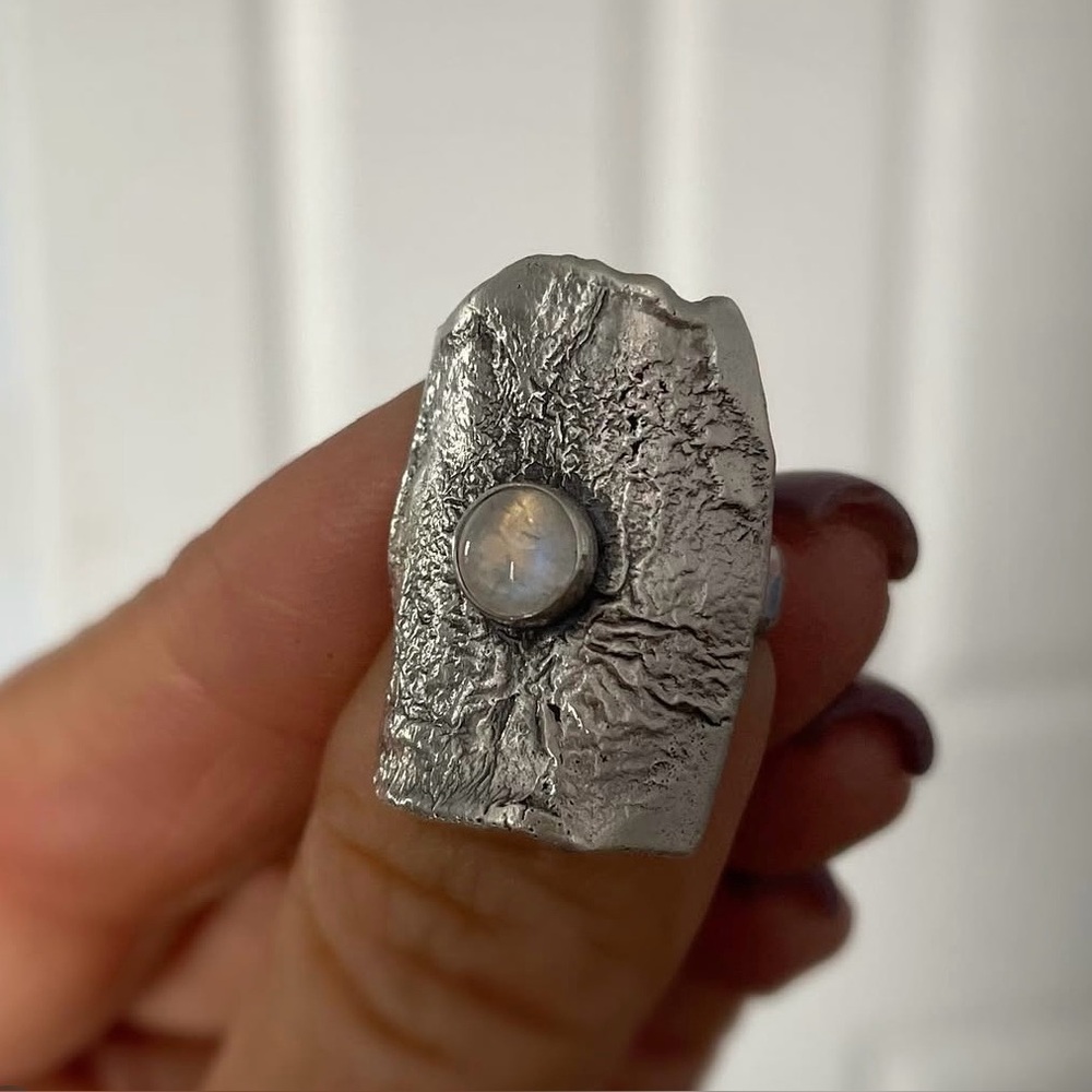 Sterling Silver Textured Goddess Shield Ring with Moonstone